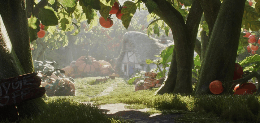 Spielszene aus dem neuen Fable, das im Februar 2027 erscheint: Ein üppiger Garten mit riesigen Tomaten und Kürbissen umgibt ein kleines Häuschen.