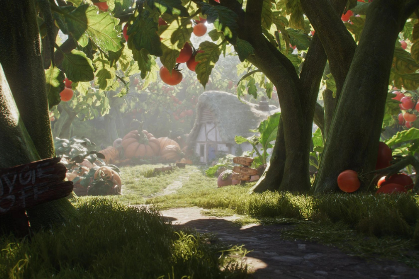Spielszene aus dem neuen Fable, das im Februar 2027 erscheint: Ein üppiger Garten mit riesigen Tomaten und Kürbissen umgibt ein kleines Häuschen.