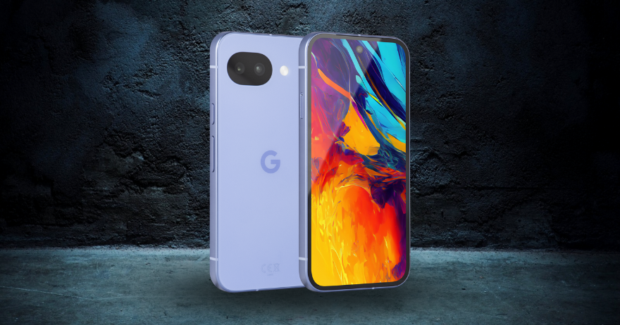 Abbildung des Google Pixel 10a Smartphones mit 128 GB Speicher in der Farbvariante Lavender. Zu sehen sind Front und Rückansicht vor einem dunklen Hintergrund.