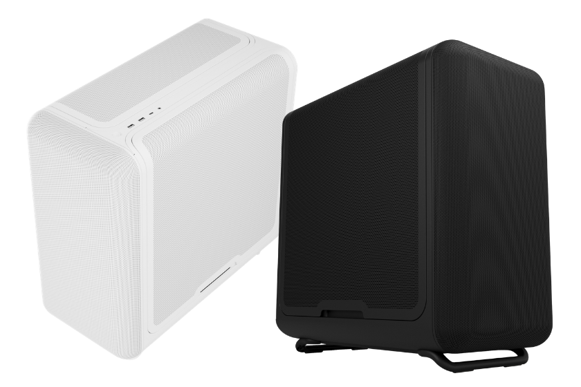 Abbildung des HYTE X50 Air PC-Gehäuse in Weiß und Schwarz mit abgerundeten Kanten und großflächigen Mesh-Abdeckungen.