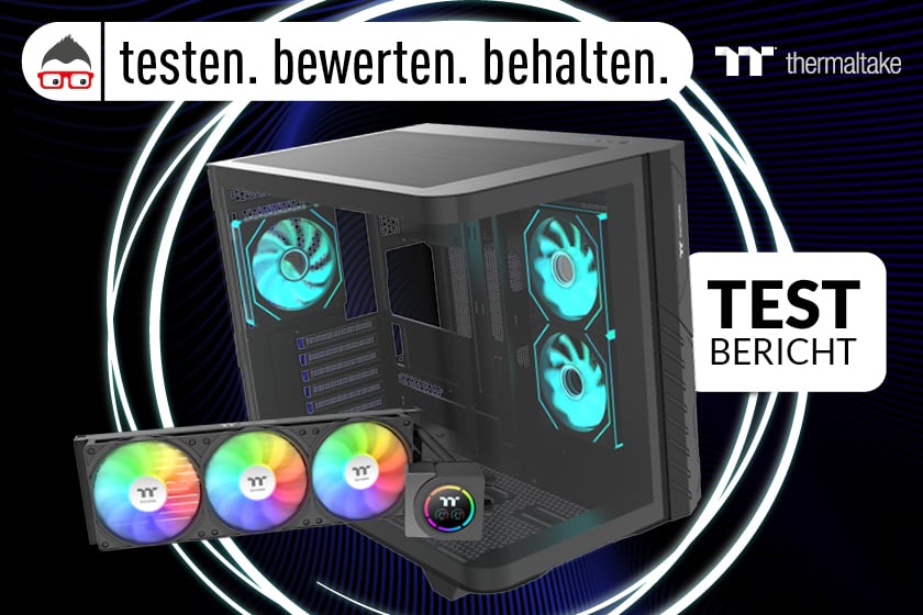 Das Bild zeigt ein Banner zum Testbericht zur Produkttestaktion von Thermaltake. Abgebildet sind ein PC-Gehäuse und eine Wasserkühlung mit RGB-Lüftern. Der zugehörige Artikel fasst die Erfahrungen und Ergebnisse der Produkttester zusammen.