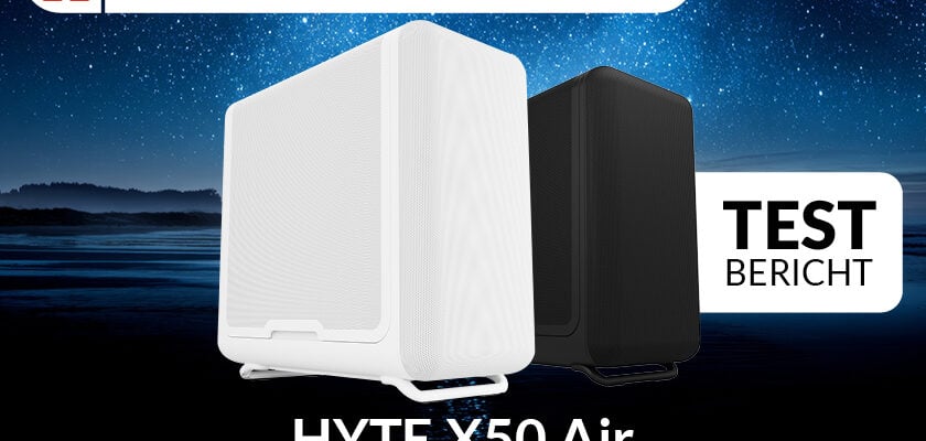 Testbericht-Banner zu den Ergebnissen des Produkttests zum HYTE X50 Air. Abgebildet sind ein weißes und ein schwarzen PC-Gehäuse vor einem nächtlichen Sternenhimmel. Zu sehen sind außerdem die Schriftzüge „testen. bewerten. behalten.“, „HYTE X50 Air“, „Modernes Performance-Gehäuse“ und „Testbericht“