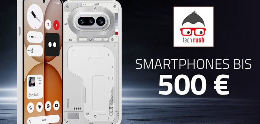 Das Bild zeigt ein Titelmotiv zum Thema Smartphones bis 500 Euro. Links ist ein weißes Smartphone von vorne und hinten zu sehen, rechts stehen das techrush-Logo und der Schriftzug „Smartphones bis 500 €“ vor einem dunklen Hintergrund.
