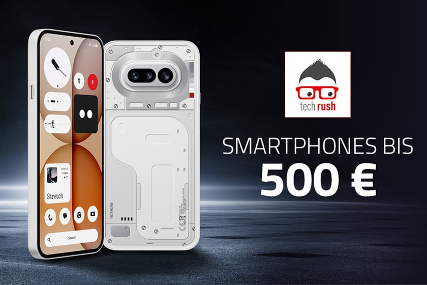 Das Bild zeigt ein Titelmotiv zum Thema Smartphones bis 500 Euro. Links ist ein weißes Smartphone von vorne und hinten zu sehen, rechts stehen das techrush-Logo und der Schriftzug „Smartphones bis 500 €“ vor einem dunklen Hintergrund.