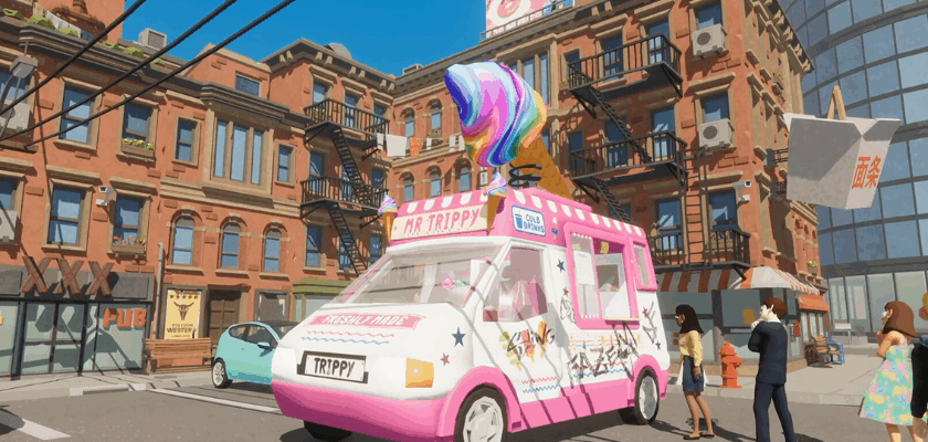 Das Bild zeigt eine Spielszene aus Mr. Trippy. Zu sehen ist ein pinker Eiswagen mit einer übergroßen bunten Eiskugel auf dem Dach, der in einer belebten Stadtstraße vor mehreren wartenden Passanten steht.
