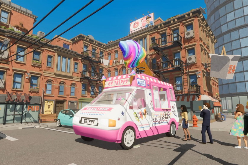 Das Bild zeigt eine Spielszene aus Mr. Trippy. Zu sehen ist ein pinker Eiswagen mit einer übergroßen bunten Eiskugel auf dem Dach, der in einer belebten Stadtstraße vor mehreren wartenden Passanten steht.