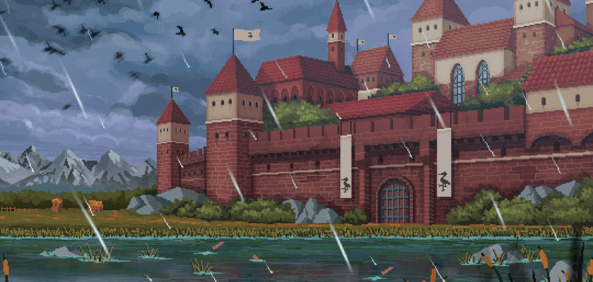 Das Bild zeigt ein Artwork zum Spiel Yes, Your Grace. Zu sehen ist eine mittelalterliche Burg mit hohen Mauern und Türmen, über der sich ein dunkler Gewitterhimmel zusammenzieht.