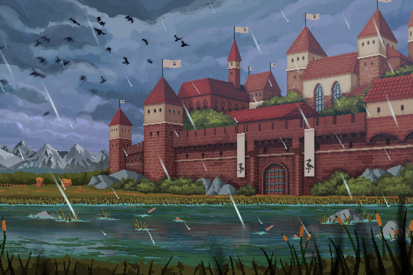 Das Bild zeigt ein Artwork zum Spiel Yes, Your Grace. Zu sehen ist eine mittelalterliche Burg mit hohen Mauern und Türmen, über der sich ein dunkler Gewitterhimmel zusammenzieht.