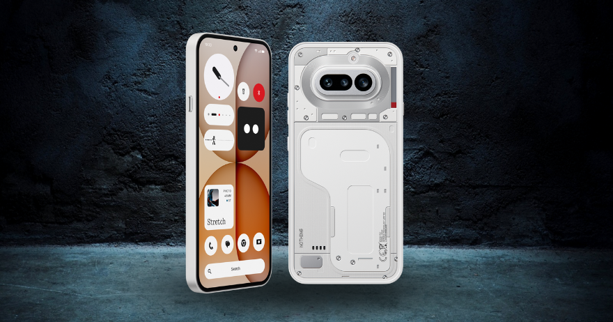 Abbildung des Mittelklasse-Smartphones Nothing Phone (4a) in der 256 GB-Speicher variante in Weiß. Zu sehen sind Front und Rückansicht vor einem dunklen Hintergrund.