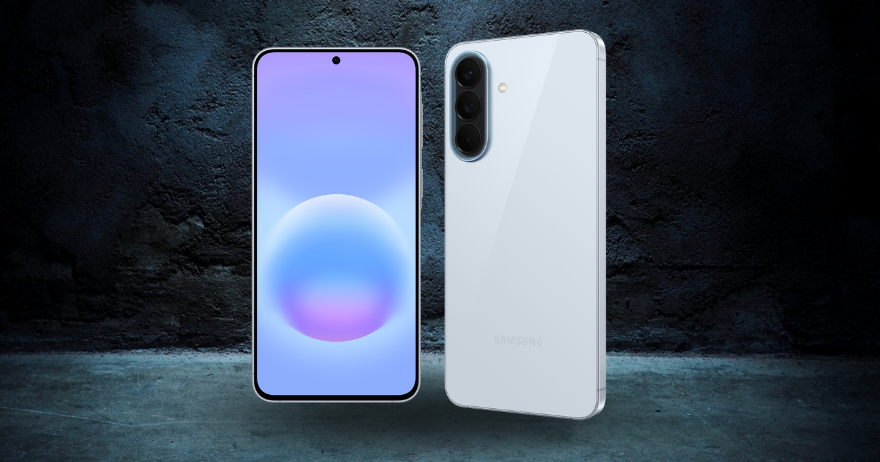 Abbildung des Samsung A57 256 GB in der Farbvariante Awesome Icyblue. Zu sehen sind Front- und Rückansicht vor einem dunklen Hintergrund.