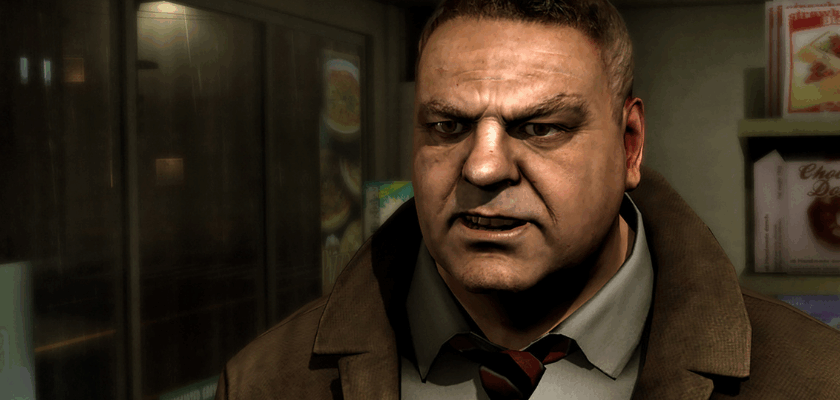Spielszene aus Heavy Rain: Zu sehen ist der Privatdetektiv Scott Shelby in Nahaufnahme, der einen braunen Mantel und eine gestreifte Krawatte trägt.