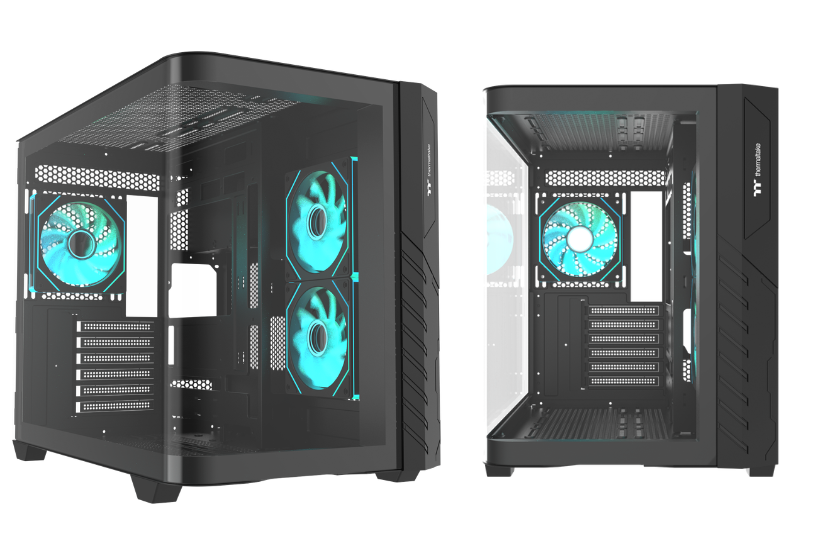 Das Bild zeigt das Thermaltake Vision 330 CR ARGB SE Black Tower-Gehäuse aus zwei Perspektiven mit vorinstallierten ARGB-Lüftern.