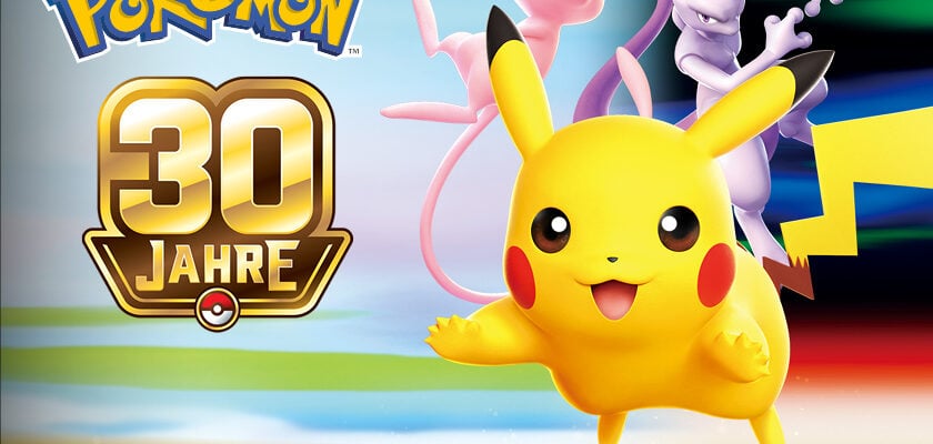 Pikachu vor Mew und Mewtu neben dem Pokémon-Schriftzug zum 30-jährigen Jubiläum.