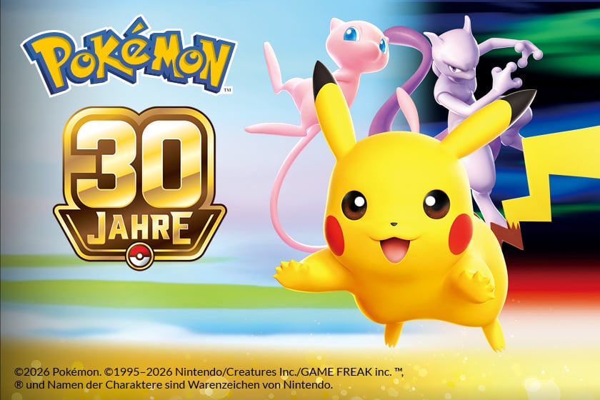 Pikachu vor Mew und Mewtu neben dem Pokémon-Schriftzug zum 30-jährigen Jubiläum.