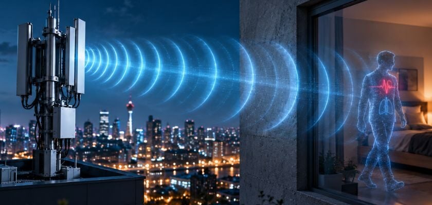Eine Mobilfunkantenne sendet Funkwellen durch eine Hauswand und erfasst eine Person in einem Schlafzimmer sowie deren Herzschlag und Atmung.