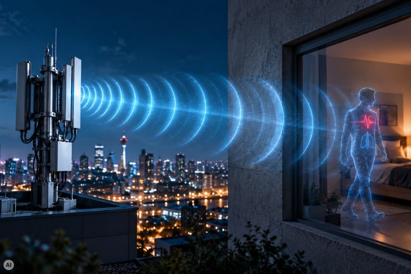 Eine Mobilfunkantenne sendet Funkwellen durch eine Hauswand und erfasst eine Person in einem Schlafzimmer sowie deren Herzschlag und Atmung.