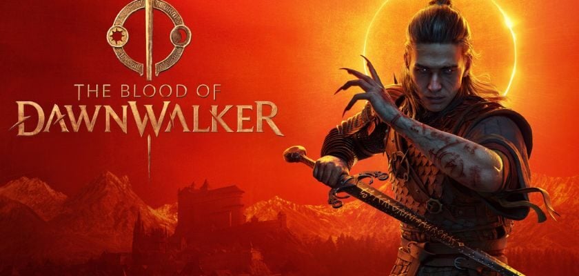 The Blood of Dawnwalker mit Protagonist Coen vor orange-roter Kulisse und dem Schriftzug des Spiels.
