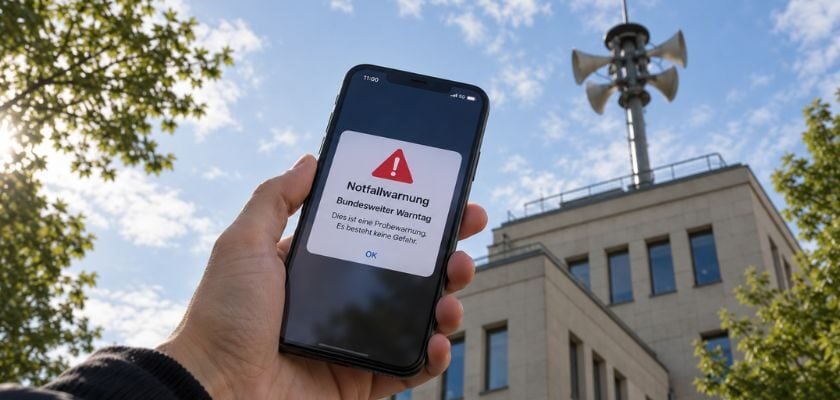 Hand hält ein Smartphone mit Probewarnung zum Bundesweiten Warntag, im Hintergrund ist ein Gebäude mit einer Sirene auf dem Dach zu sehen.