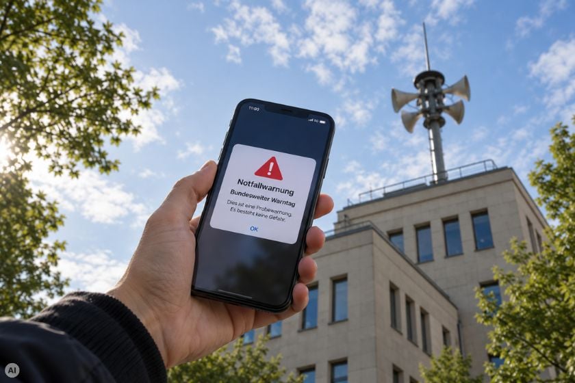Hand hält ein Smartphone mit Probewarnung zum Bundesweiten Warntag, im Hintergrund ist ein Gebäude mit einer Sirene auf dem Dach zu sehen.