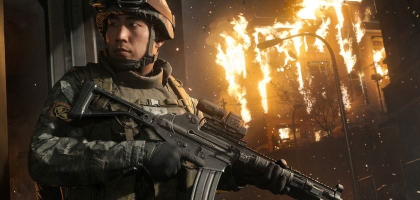 Bewaffneter Soldat vor einem brennenden Gebäude in Call of Duty: Modern Warfare 4
