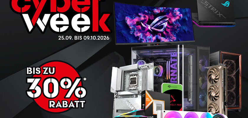Grafische Darstellung zur ALTERNATE CyberWeek mit bis zu 30 Prozent Rabatt. Zu sehen sind verschiedene Gaming- und PC-Komponenten wie Monitor, Gaming-Laptop, Grafikkarte, Prozessor, Mainboard, SSD, Wasserkühlung und PC-Gehäuse.