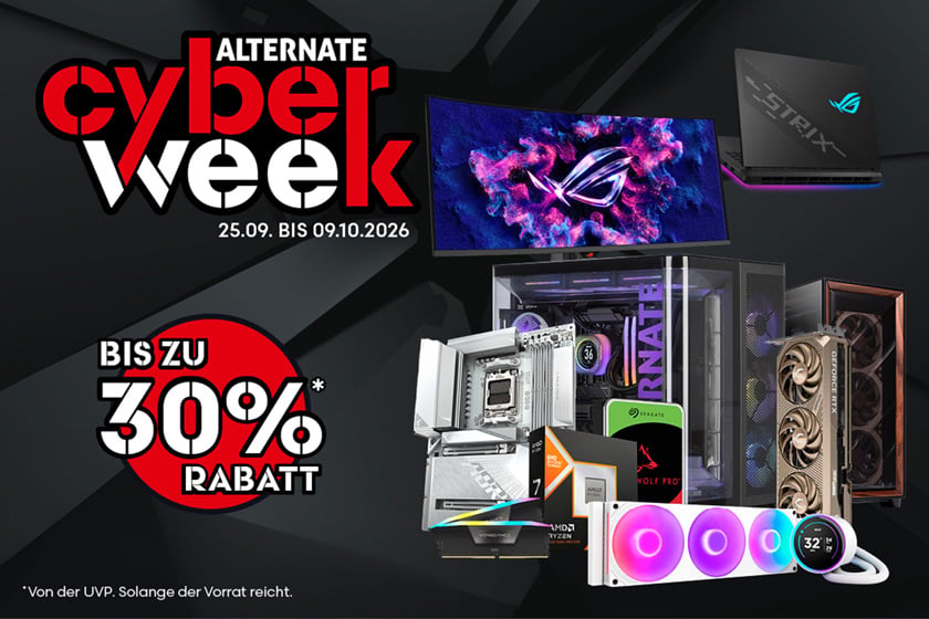 Grafische Darstellung zur ALTERNATE CyberWeek mit bis zu 30 Prozent Rabatt. Zu sehen sind verschiedene Gaming- und PC-Komponenten wie Monitor, Gaming-Laptop, Grafikkarte, Prozessor, Mainboard, SSD, Wasserkühlung und PC-Gehäuse.