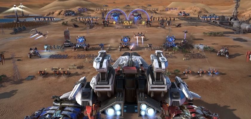 Spielszene aus Mechabellum mit einem großen Mech im Vordergrund und zahlreichen Einheiten auf einem weitläufigen Schlachtfeld.