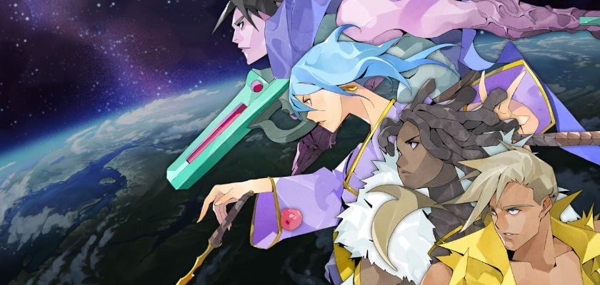 Die vier spielbaren Charaktere aus Astral Ascent stehen vor einer Weltraumkulisse mit einem Planeten im Hintergrund.