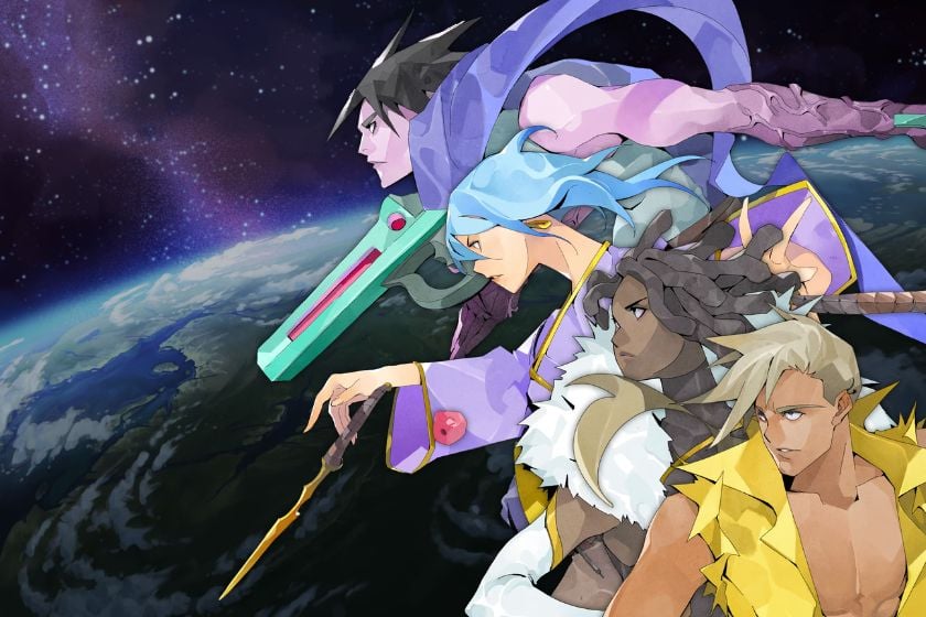 Die vier spielbaren Charaktere aus Astral Ascent stehen vor einer Weltraumkulisse mit einem Planeten im Hintergrund.
