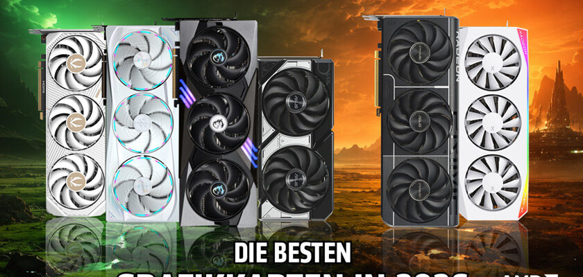 GPU-Ratgeber 2026 mit verschiedenen Nvidia-GeForce-RTX- und AMD-Radeon-Grafikkarten.