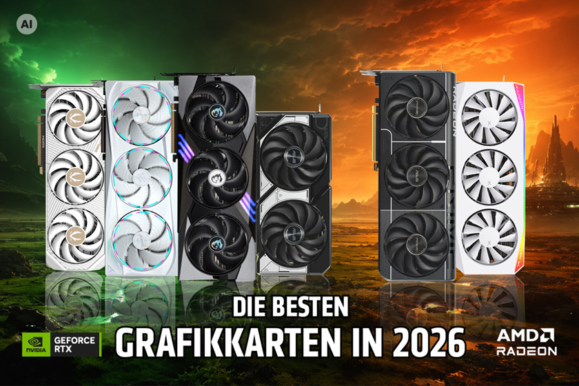 GPU-Ratgeber 2026 mit verschiedenen Nvidia-GeForce-RTX- und AMD-Radeon-Grafikkarten.