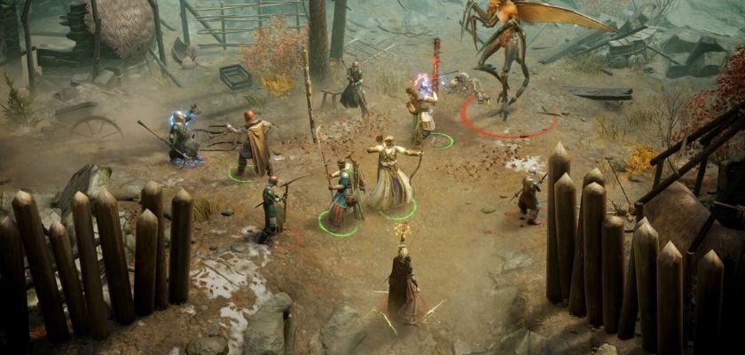 Kampfszene aus Pathfinder: Wrath of the Righteous mit einer Heldengruppe im Kampf gegen verschiedene Gegner und eine große geflügelte Kreatur.