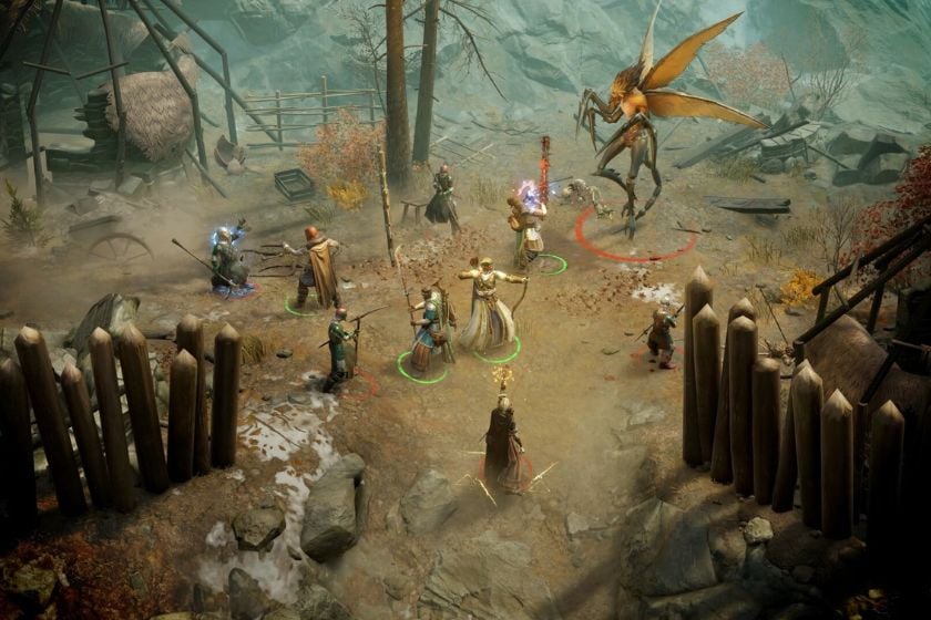 Kampfszene aus Pathfinder: Wrath of the Righteous mit einer Heldengruppe im Kampf gegen verschiedene Gegner und eine große geflügelte Kreatur.
