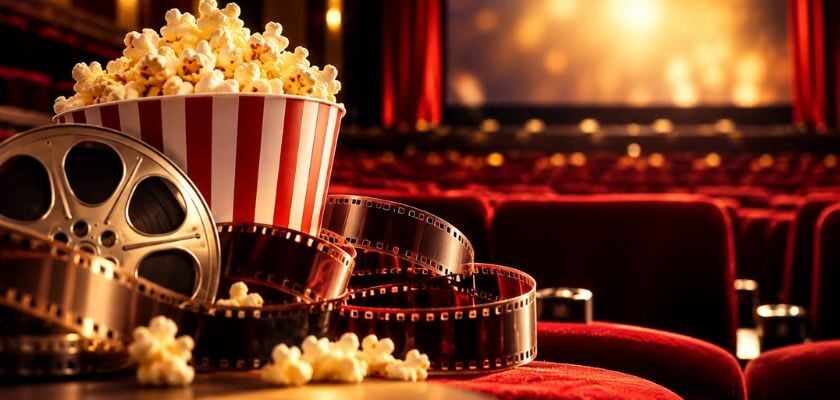 Kinosaal mit roten Sitzen, Popcorn, Filmrolle und Filmstreifen vor einer beleuchteten Leinwand.