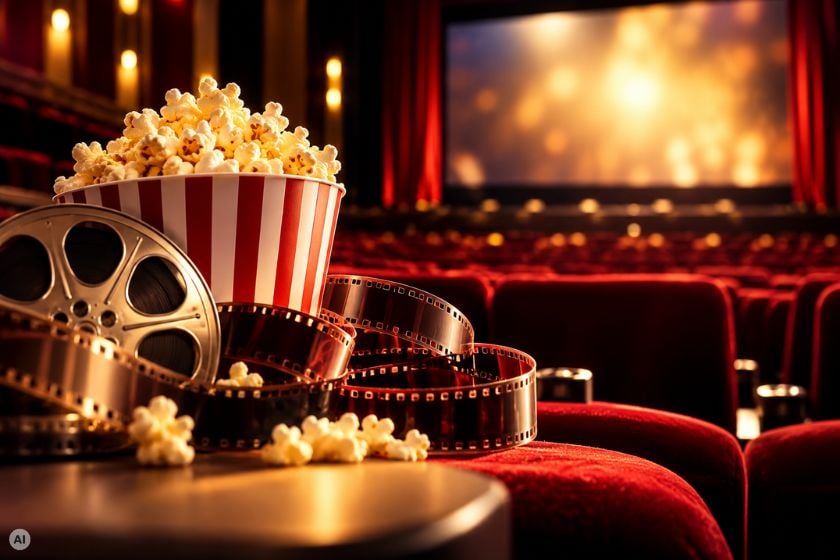 Kinosaal mit roten Sitzen, Popcorn, Filmrolle und Filmstreifen vor einer beleuchteten Leinwand.