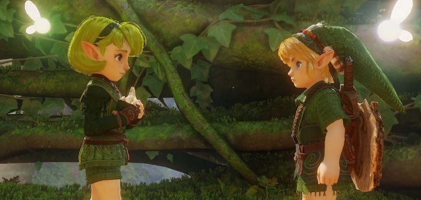 Link und Zelda stehen sich in einem grünen Wald gegenüber, während leuchtende Feen um sie herumfliegen.