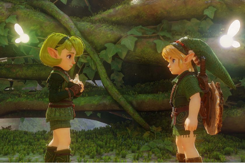 Link und Zelda stehen sich in einem grünen Wald gegenüber, während leuchtende Feen um sie herumfliegen.