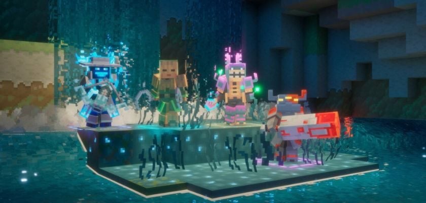 Vier Helden in Minecraft Dungeons II auf einer Plattform in einer dunklen, leuchtenden Höhlenlandschaft