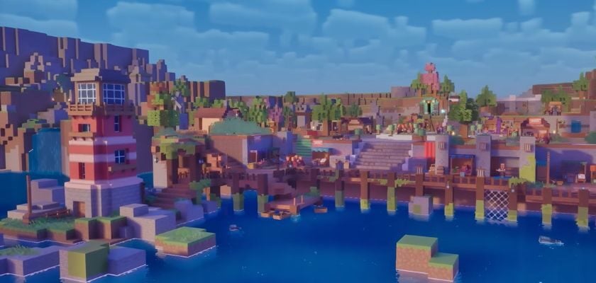 Szene aus Minecraft Dungeons II, gezeigt bei Minecraft Live 2026, mit einer bunten Landschaft am Wasser.