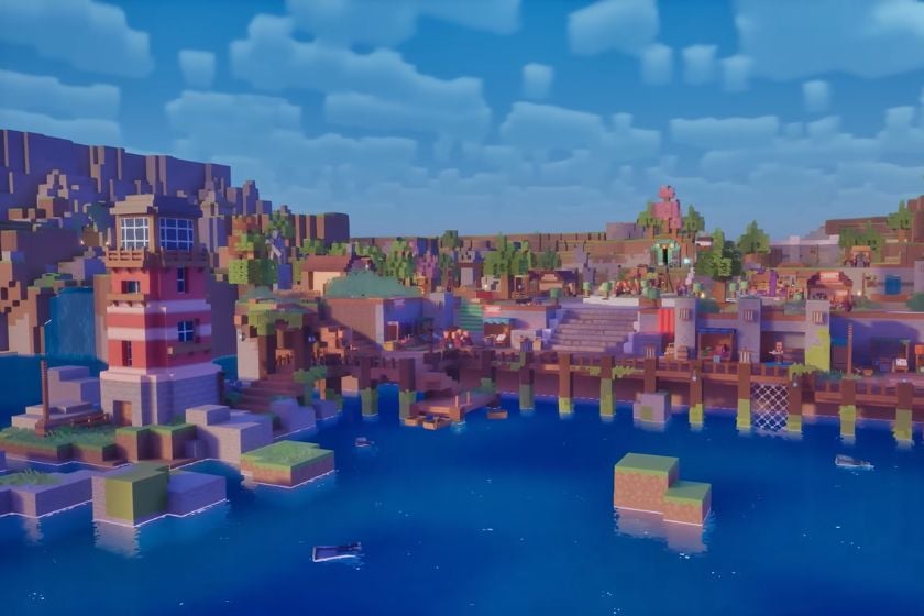 Szene aus Minecraft Dungeons II, gezeigt bei Minecraft Live 2026, mit einer bunten Landschaft am Wasser.