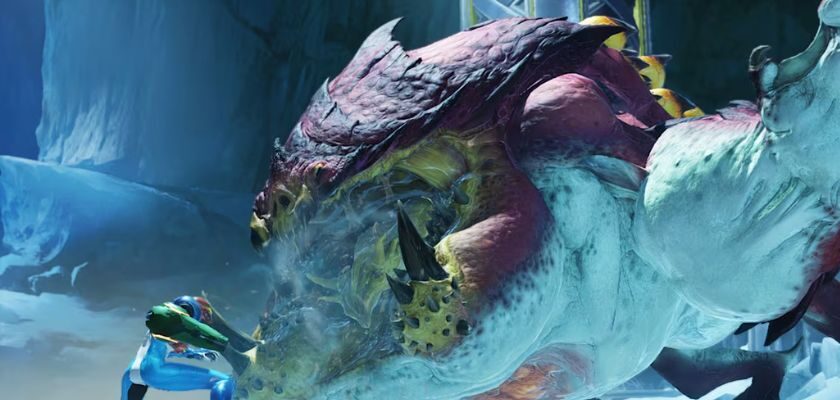 Samus Aran kämpft in Metroid Ravenous in einer eisigen Umgebung gegen ein riesiges Monster.