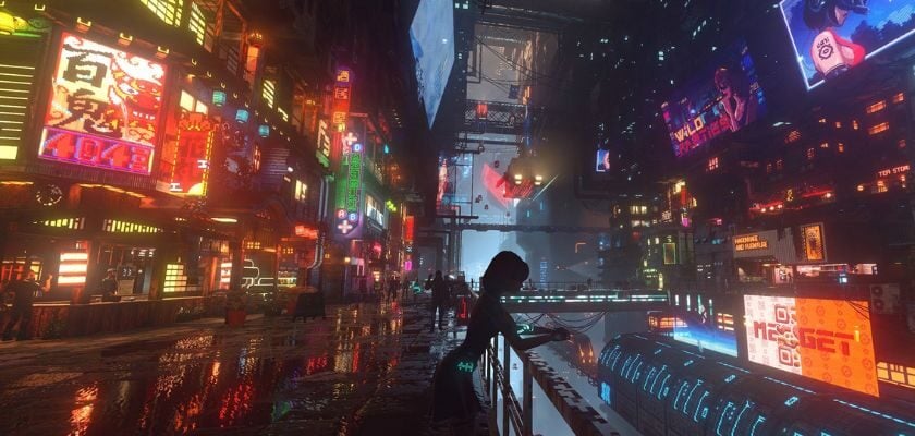 Nächtliche Cyberpunk-Stadt mit Neonlichtern und einer Person in Nivalis Nights.