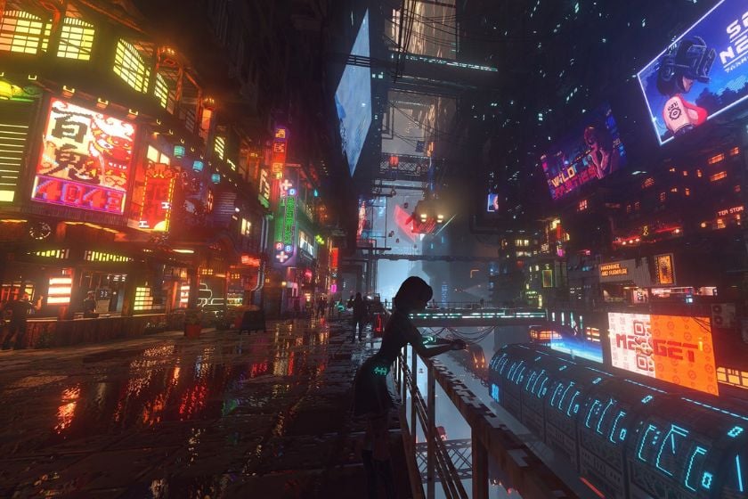 Nächtliche Cyberpunk-Stadt mit Neonlichtern und einer Person in Nivalis Nights.