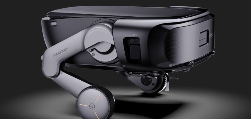 Roborock Saros Rover mit zwei beweglichen Rad-Beinen vor dunklem Hintergrund.