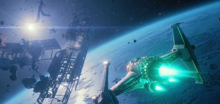 Raumschiff fliegt in EVERSPACE durch ein Asteroidenfeld an den Trümmern einer großen Raumstation vorbei.