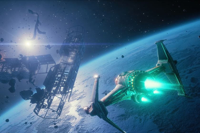 Raumschiff fliegt in EVERSPACE durch ein Asteroidenfeld an den Trümmern einer großen Raumstation vorbei.
