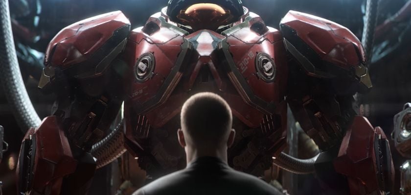 Ein StarCraft-Rekrut steht vor einer großen roten Kampfrüstung.