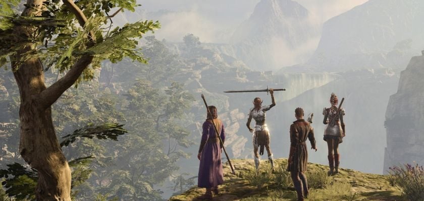 Vier Charaktere aus Baldur’s Gate 3 stehen auf einem Felsvorsprung vor einer weitläufigen Fantasy-Landschaft mit Bergen und Wasserfällen.