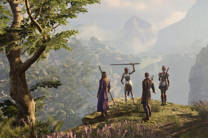 Vier Charaktere aus Baldur’s Gate 3 stehen auf einem Felsvorsprung vor einer weitläufigen Fantasy-Landschaft mit Bergen und Wasserfällen.