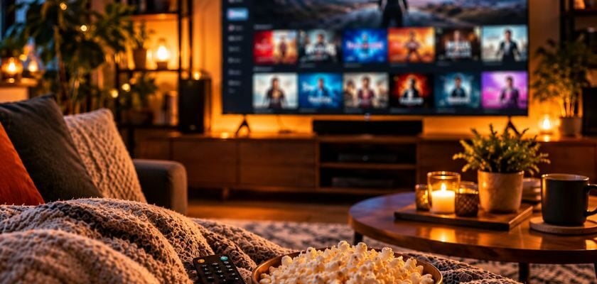 Gemütlicher Fernsehabend auf der Couch mit Popcorn und Fernbedienung vor einem Fernseher mit verschiedenen Streaming-Inhalten.